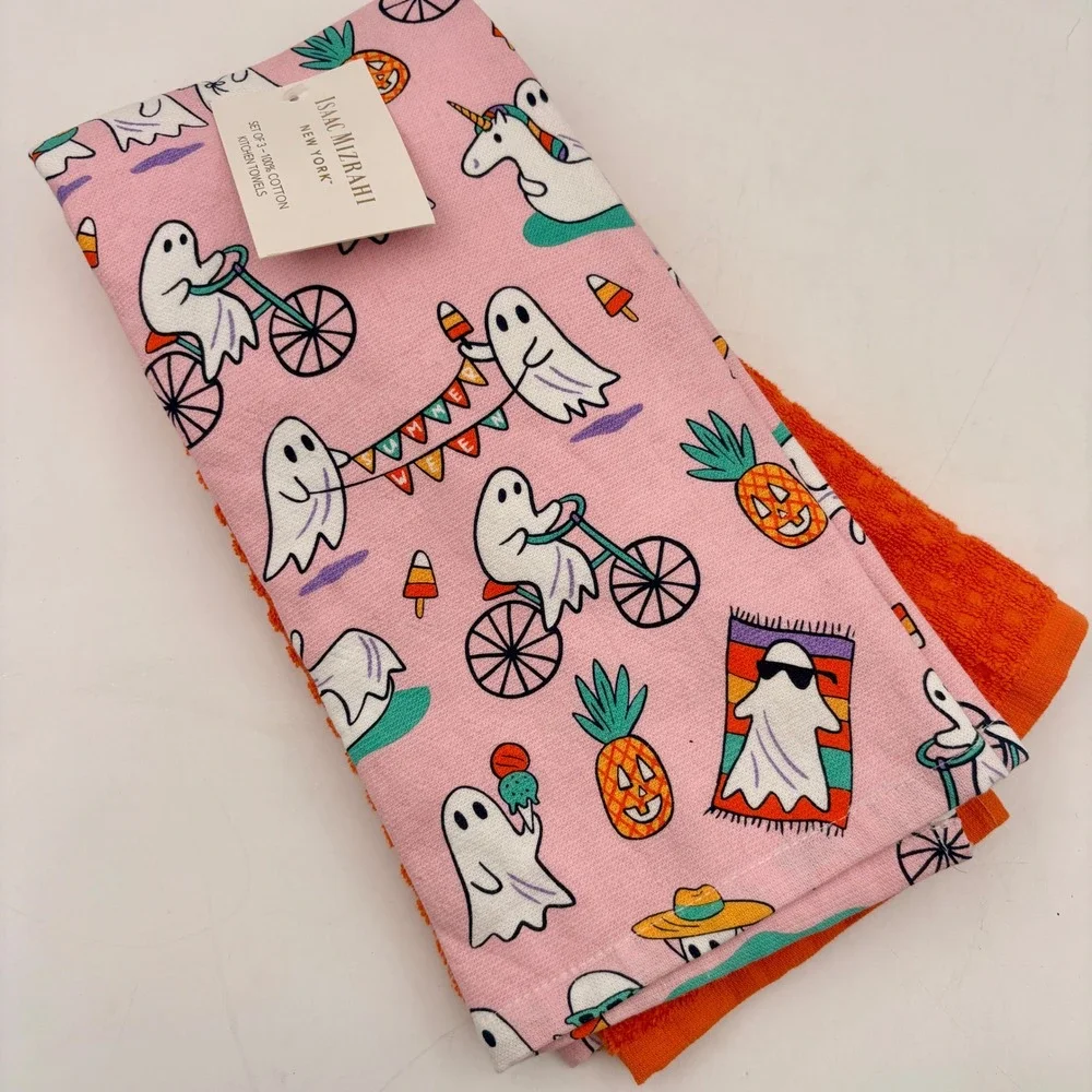 Isaac Mizrahi Summerween Halloween Ghost Kitchen Towels Set Pink‎ Orange Cotton